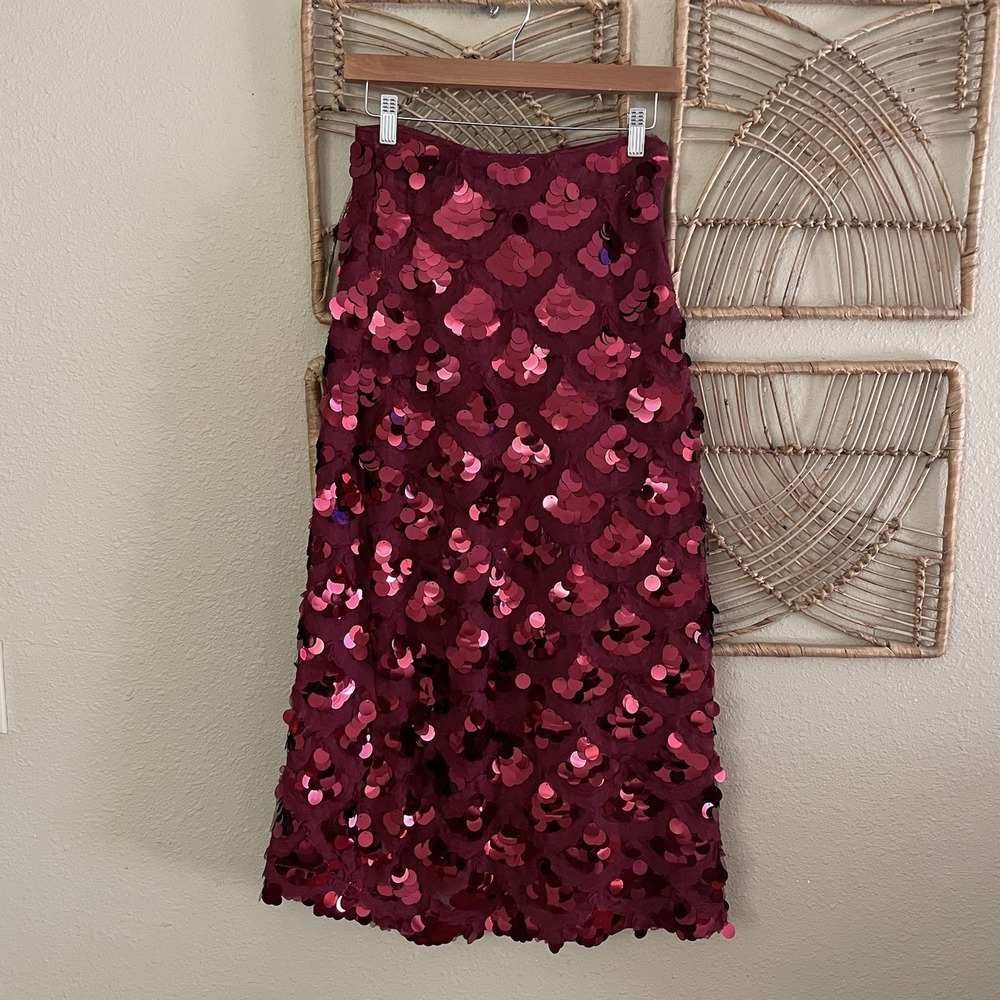 Hyacinth House Sequin Midi Skirt Burgundy Holiday Cocktail Glam Party Sz XS B4